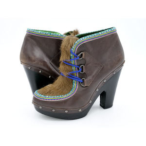 Sigerson Morrison Booties Womens 10 Brown Leather Belle Fur Ankle Boots Platform